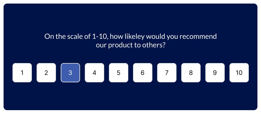 Survey question asking 'On the scale of 1-10, how likely would you recommend our product to others?' with number 3 selected from a 1-10 scale