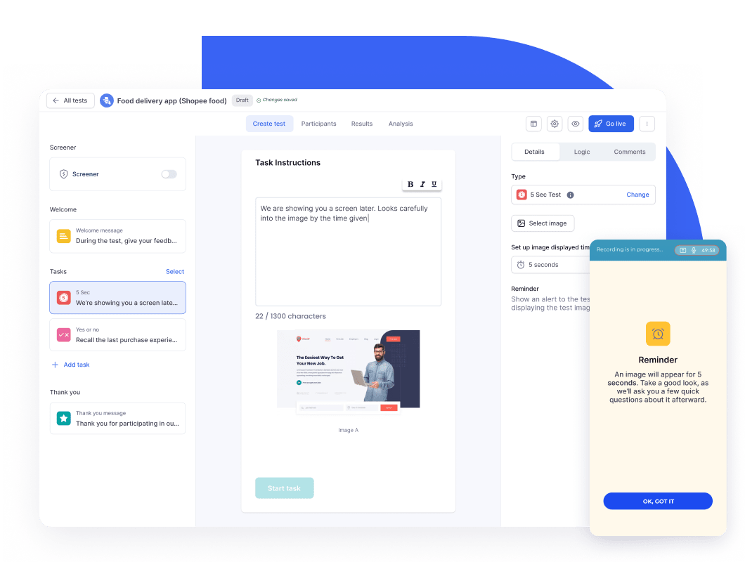 UXArmy unmoderated usability testing platform showing setup of a 5 Seconds Test with task instructions and image display in a tester app view.