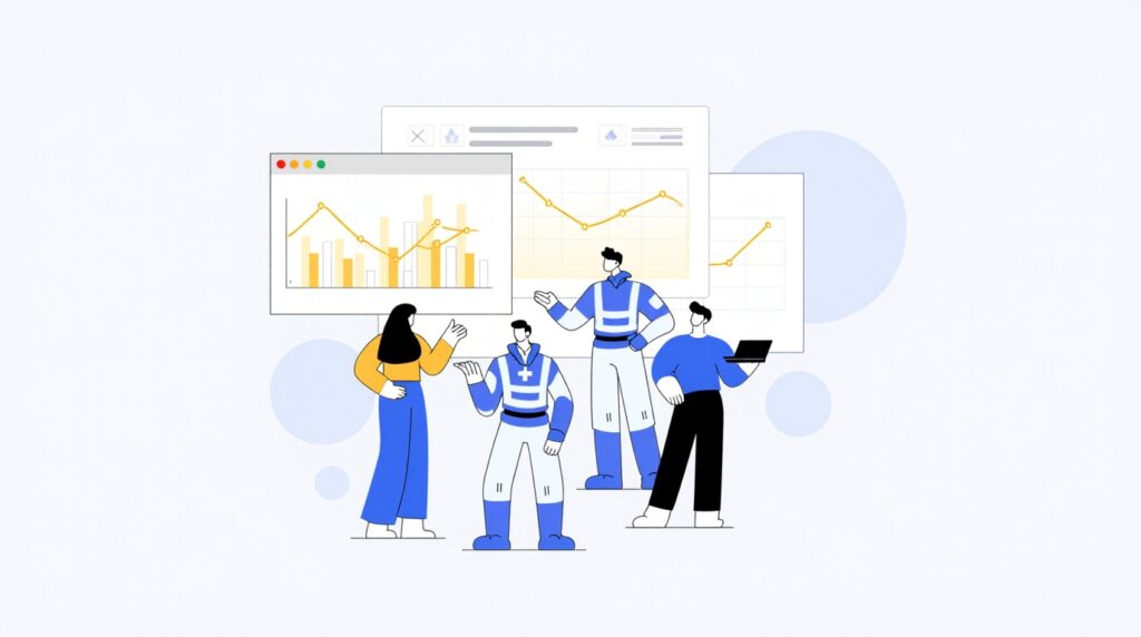 Synthetic Participants in UX Research: Hype or the Future? 5 Robots and users participating in discussions. Dashboard shows a couple of charts and graphs for Synthetic Participants in UX Research
