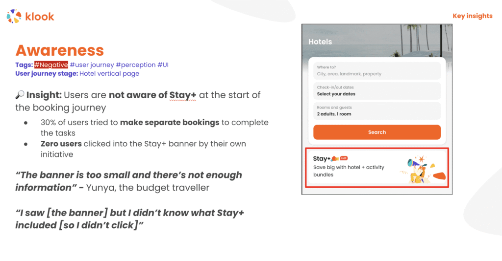 5 proven UX writing testing methods (that beat A/B testing) 1 Screenshot of results deck showing an insight from Klook's Stay+ usability testing.