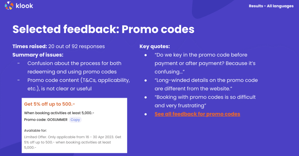 5 proven UX writing testing methods (that beat A/B testing) 4 Screenshot of results deck showing an insight from a survey for Klook users.