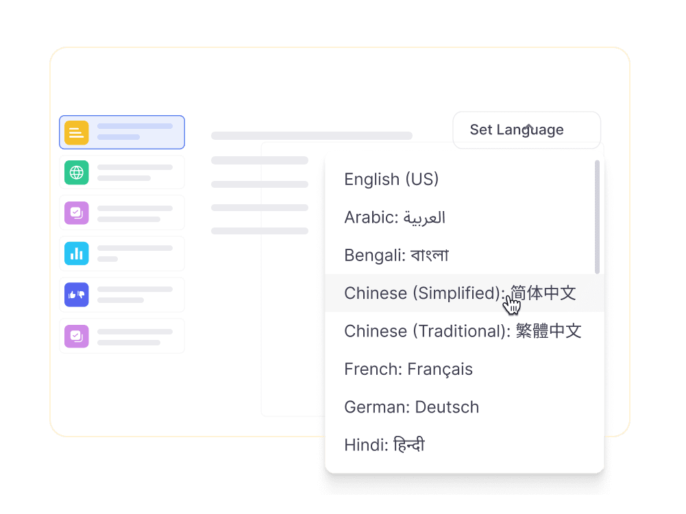 UX Survey Tool Built for Designers and Researchers 3 UX survey tool interface showing a language selection dropdown with options like English, Arabic, Bengali, Chinese (Simplified and Traditional), French, German, and Hindi.