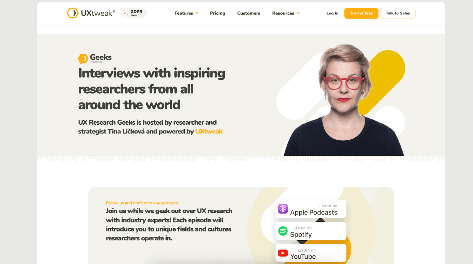 UXtweak website showing "UX Research Geeks" podcast page with a headline "Interviews with inspiring researchers from all around the world".
