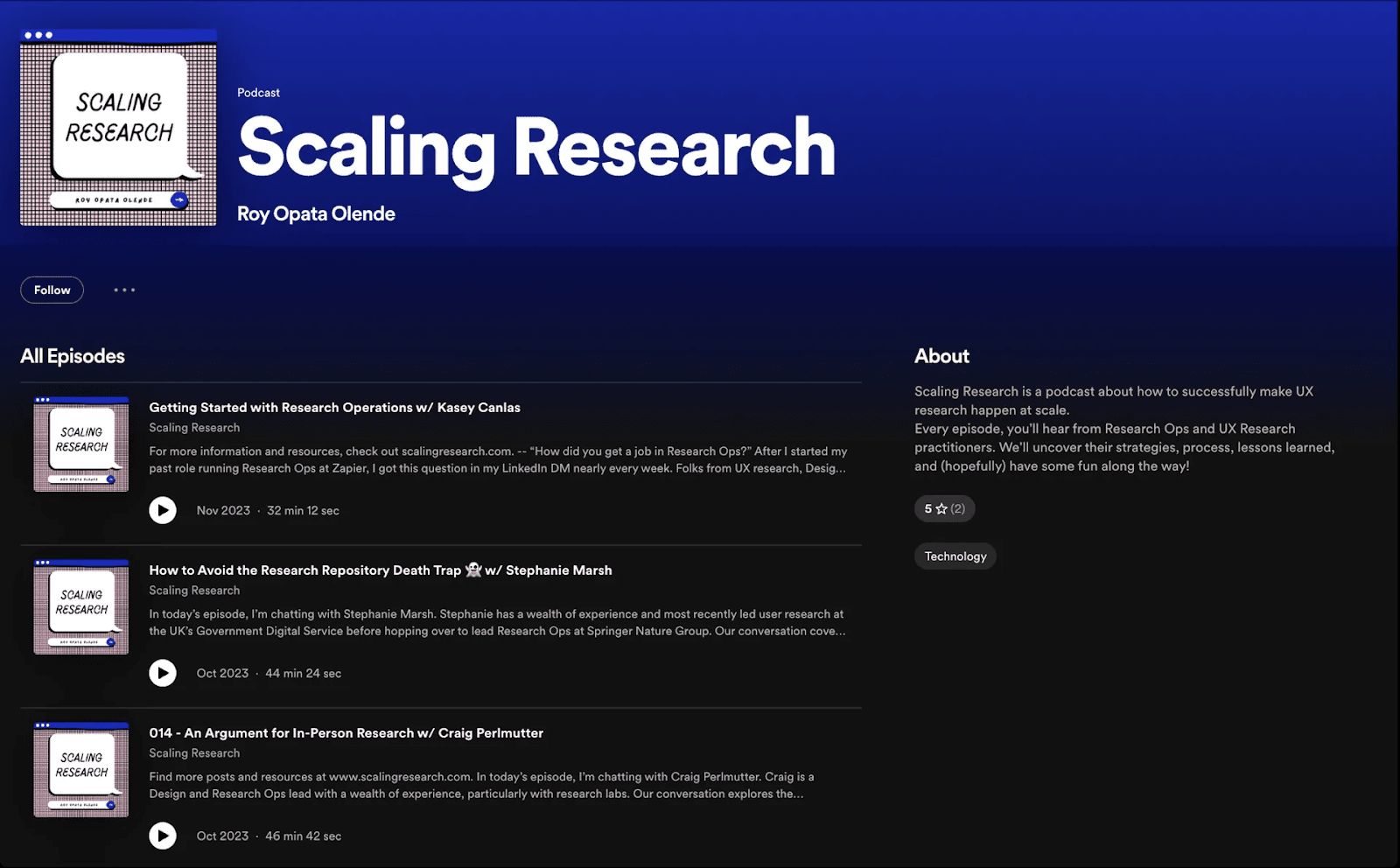 A website showing the "Scaling Research" podcast page by Roy Opata Olende.