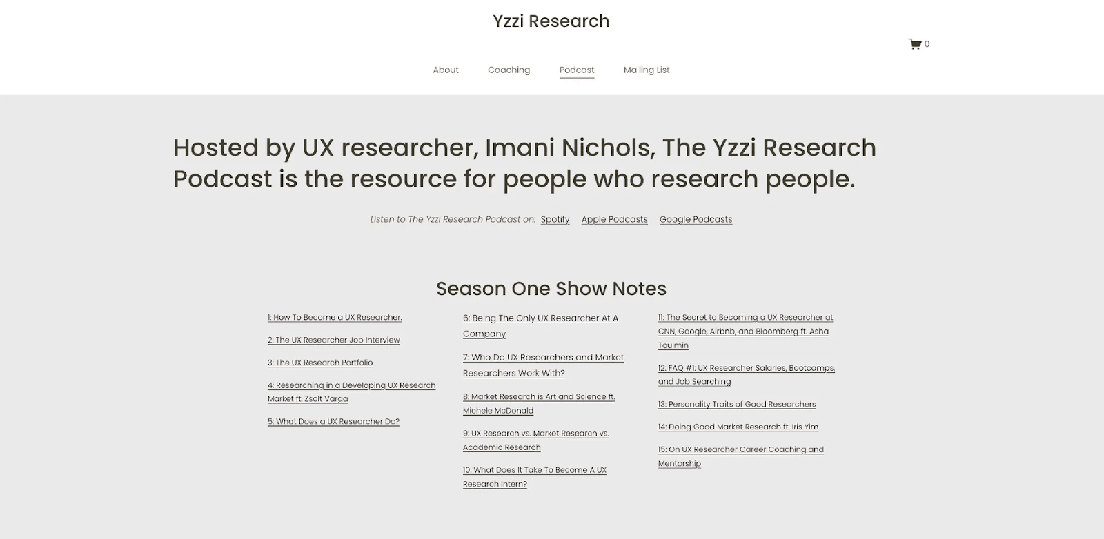  Yzzi Research website showing "Yzzi Research" podcast page with a headline "Hosted by UX researcher, Imani Nichols, The Yzzi Research Podcast is the resource for people who research people”.