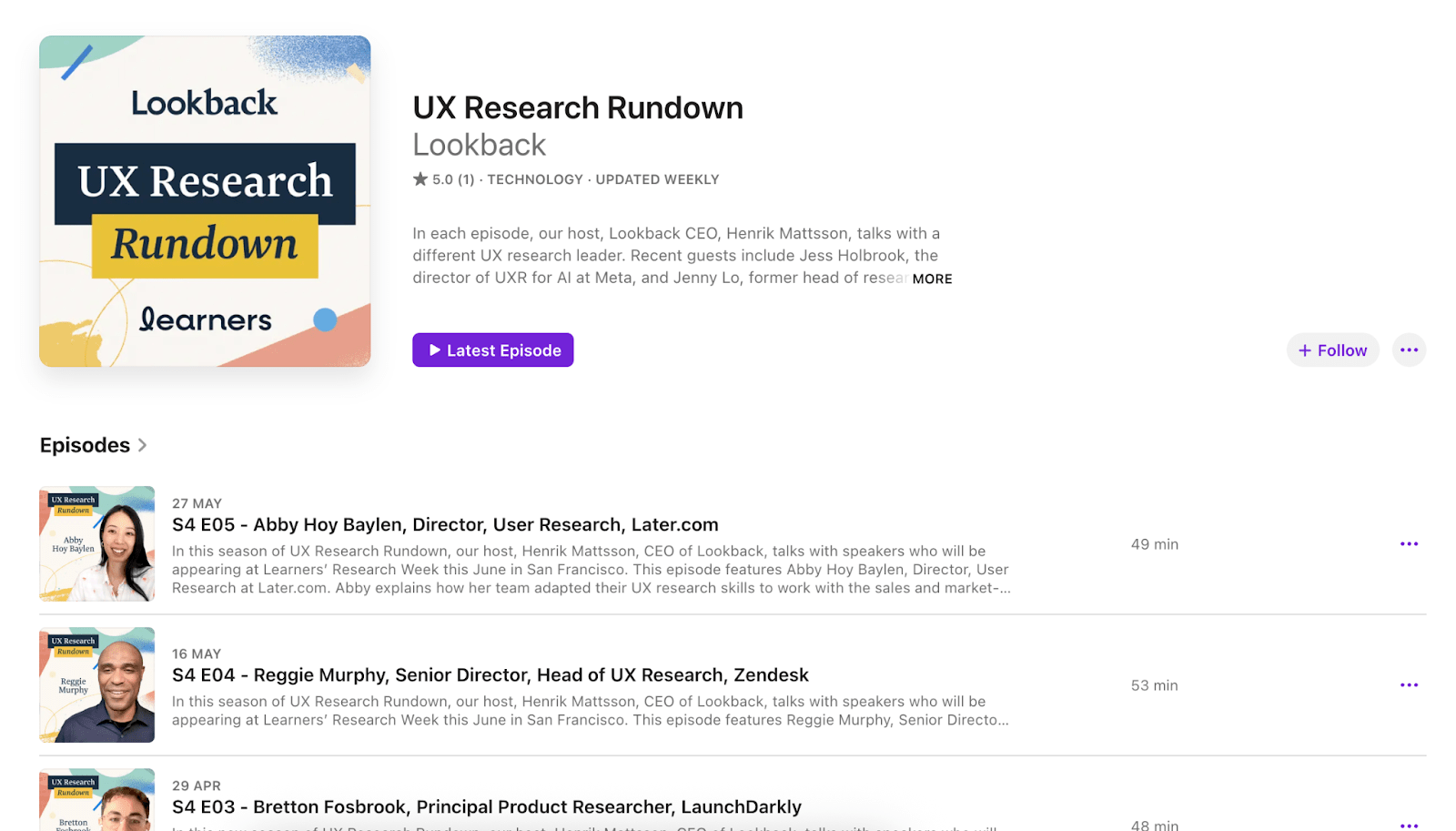 Apple Podcasts showing "UX Research Rundown" podcast page by Lookback.