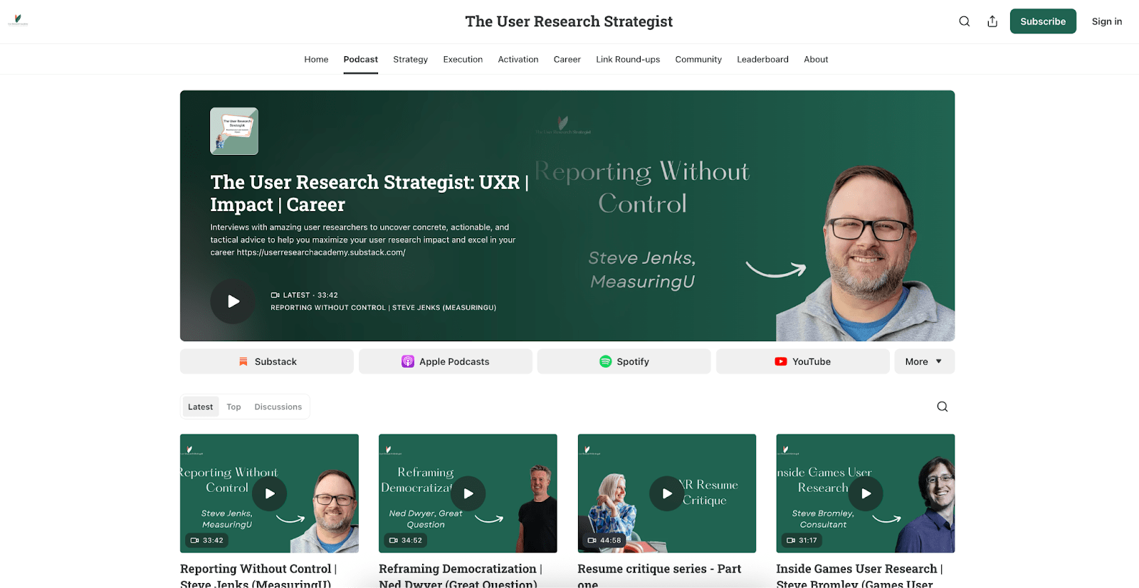 A website showing "The User Research Strategist" podcast page.