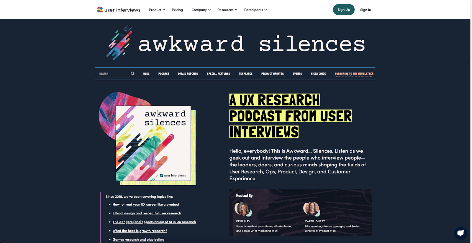  User Interviews website showing "Awkward Silences" podcast page with a headline "A UX Research Podcast from User Interviews.
