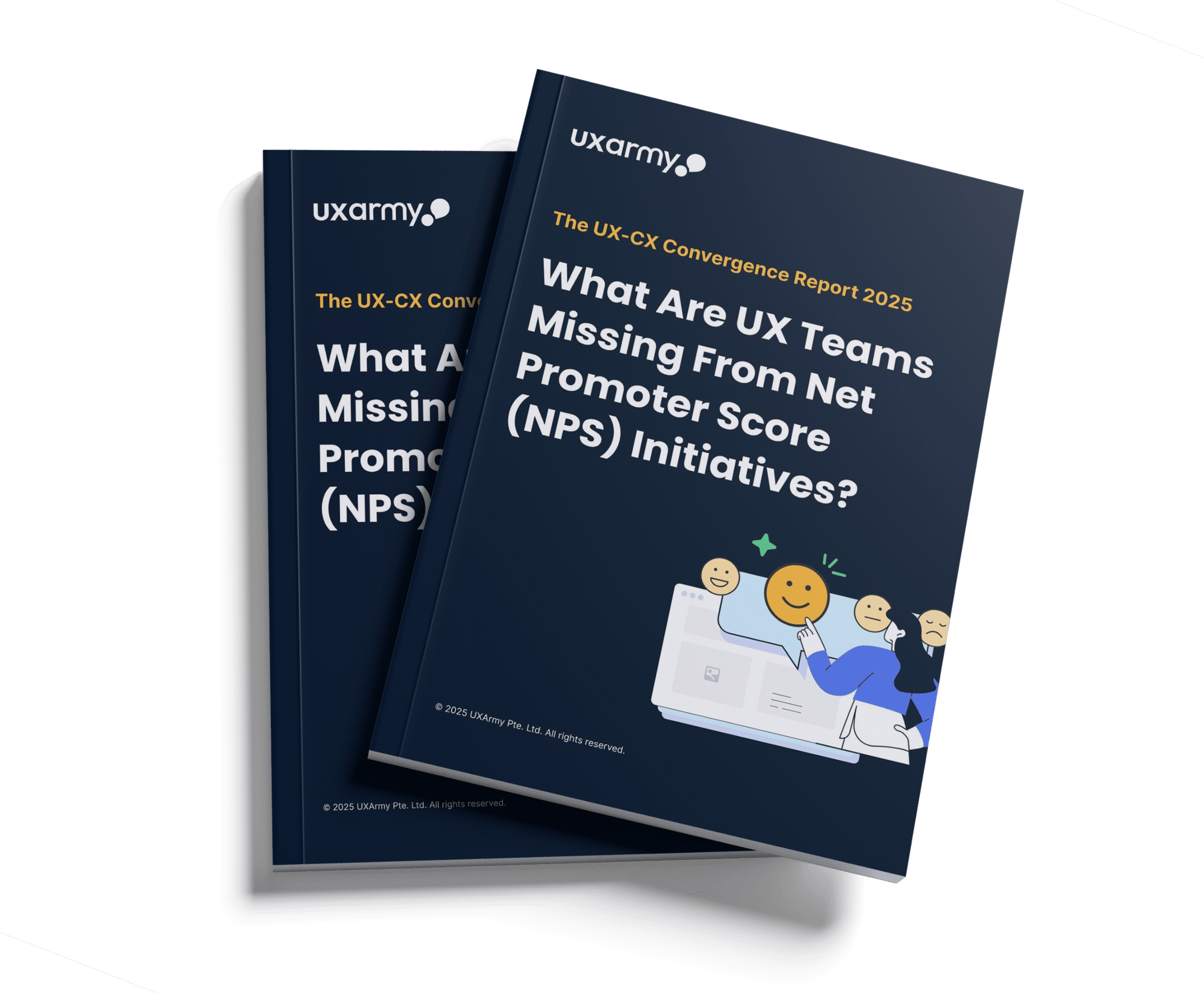 UXArmy published an industry report, titled "The UX-CX Convergence Report 2025: What Are UX Teams Missing From Net Promoter Score (NPS) Initiatives?", featuring a dark blue cover and an illustration of people giving NPS ratings on a laptop.