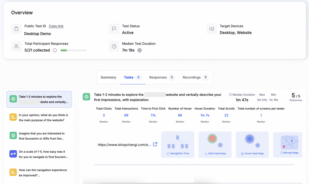 How to Choose a UX Research Platform(2025 Guide) 6 UXArmy dashboard showing participant responses and AI-generated usability summary for a mobile app test.