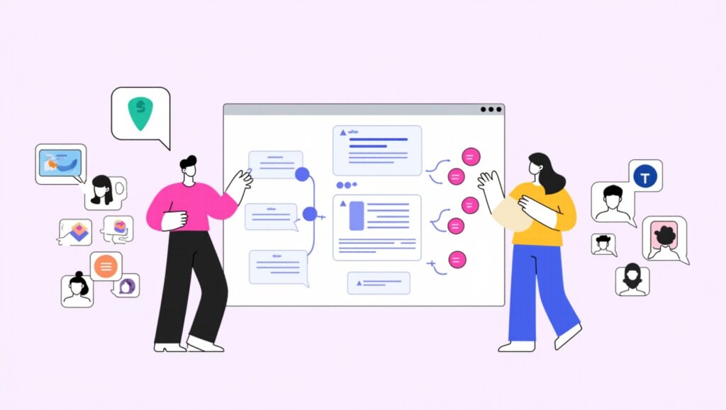 UX designers discussing user flows and journey mapping based on user research findings to improve digital product design