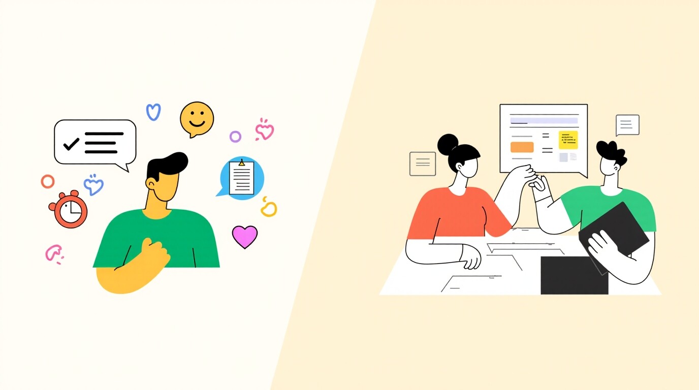 A user facing a challenge or tasks and a product team analyzing these needs.