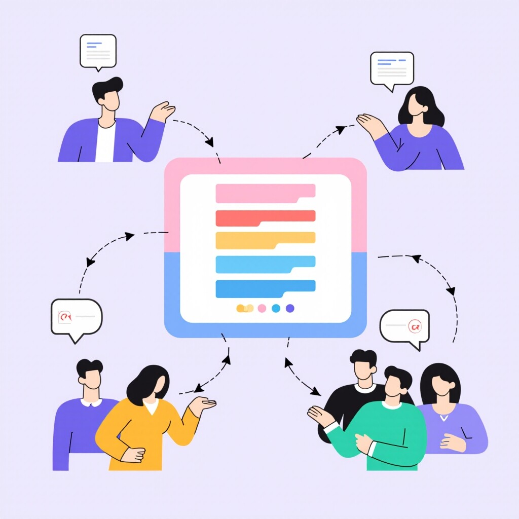 A hub-and-spoke diagram showing a central repository connected to different team functions: Product, Design, Engineering, Marketing, with arrows indicating bi-directional flow of insights