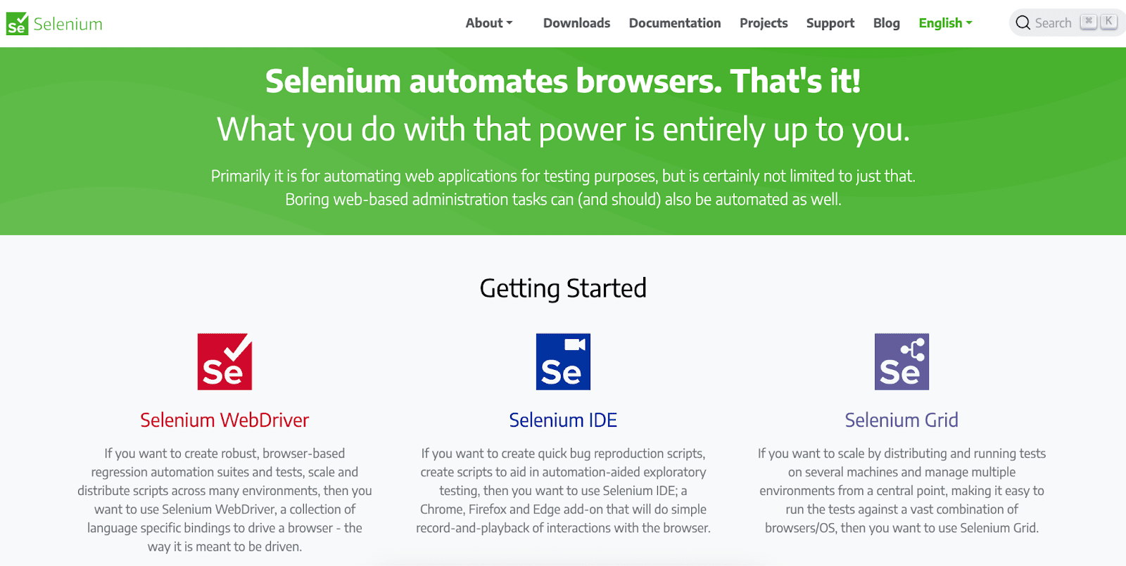 Top 20 Free and Paid Website Testing Tools – Reviewed and Compared 36 Selenium website with a headline “Selenium automates browsers. That's it!”, CTA buttons to get started with Selenium’s features.