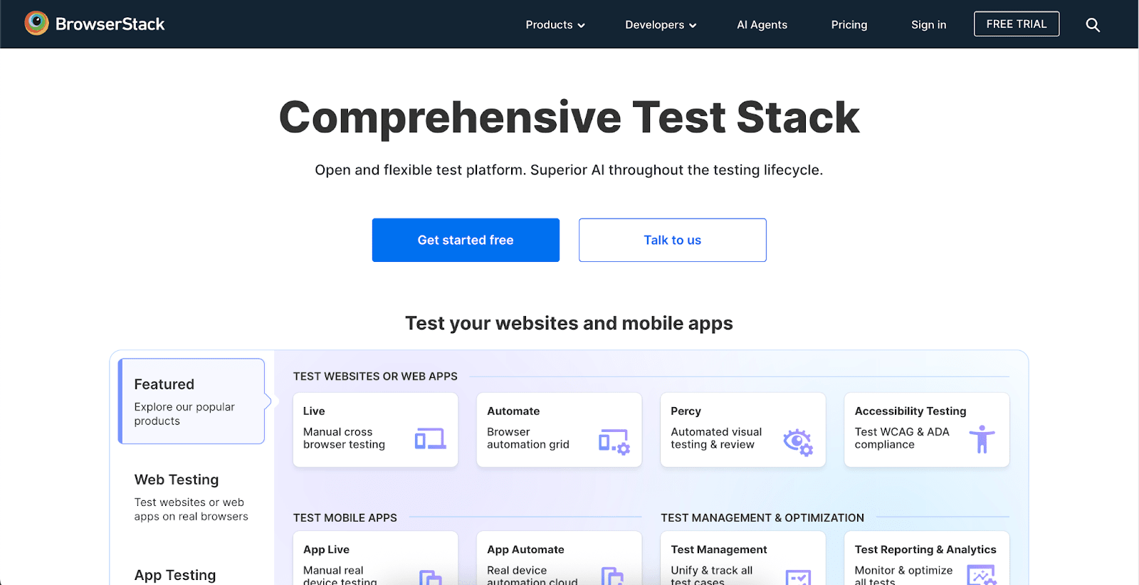 Top 20 Free and Paid Website Testing Tools – Reviewed and Compared 21 BrowserStack website with headline "Comprehensive Test Stack", with CTA buttons, and testing tool previews.