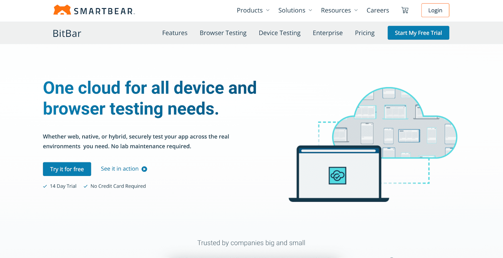Top 20 Free and Paid Website Testing Tools – Reviewed and Compared 28 BitBar website with headline "One cloud for all device and browser testing needs.", CTA buttons, and testing tool previews.