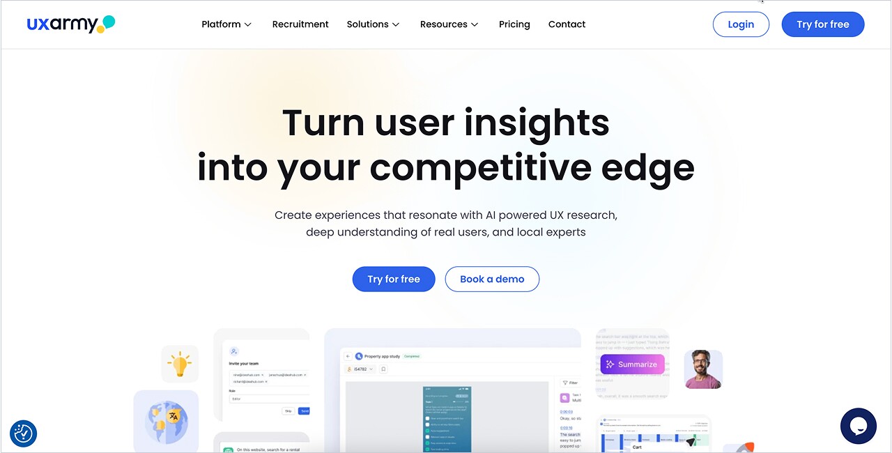 Top 20 Free and Paid Website Testing Tools – Reviewed and Compared 24 UXarmy website with headline "Turn user insights into your competitive edge", CTA buttons, and UX research tool previews.