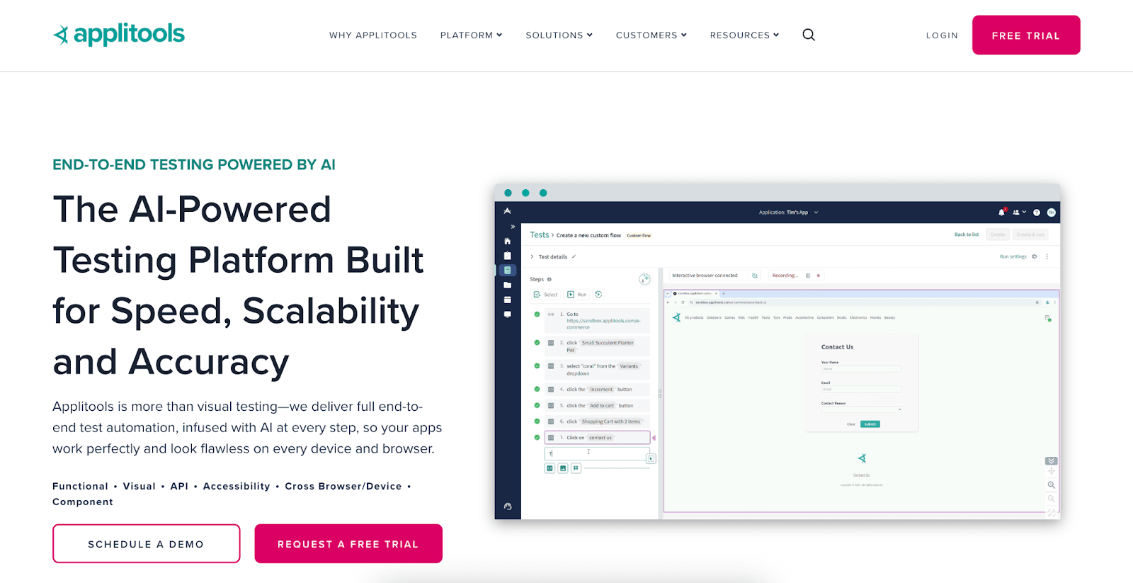 Top 20 Free and Paid Website Testing Tools – Reviewed and Compared 26 Applitools website with headline "The AI-Powered Testing Platform Built for Speed, Scalability and Accuracy", CTA buttons, and UX research tool previews.