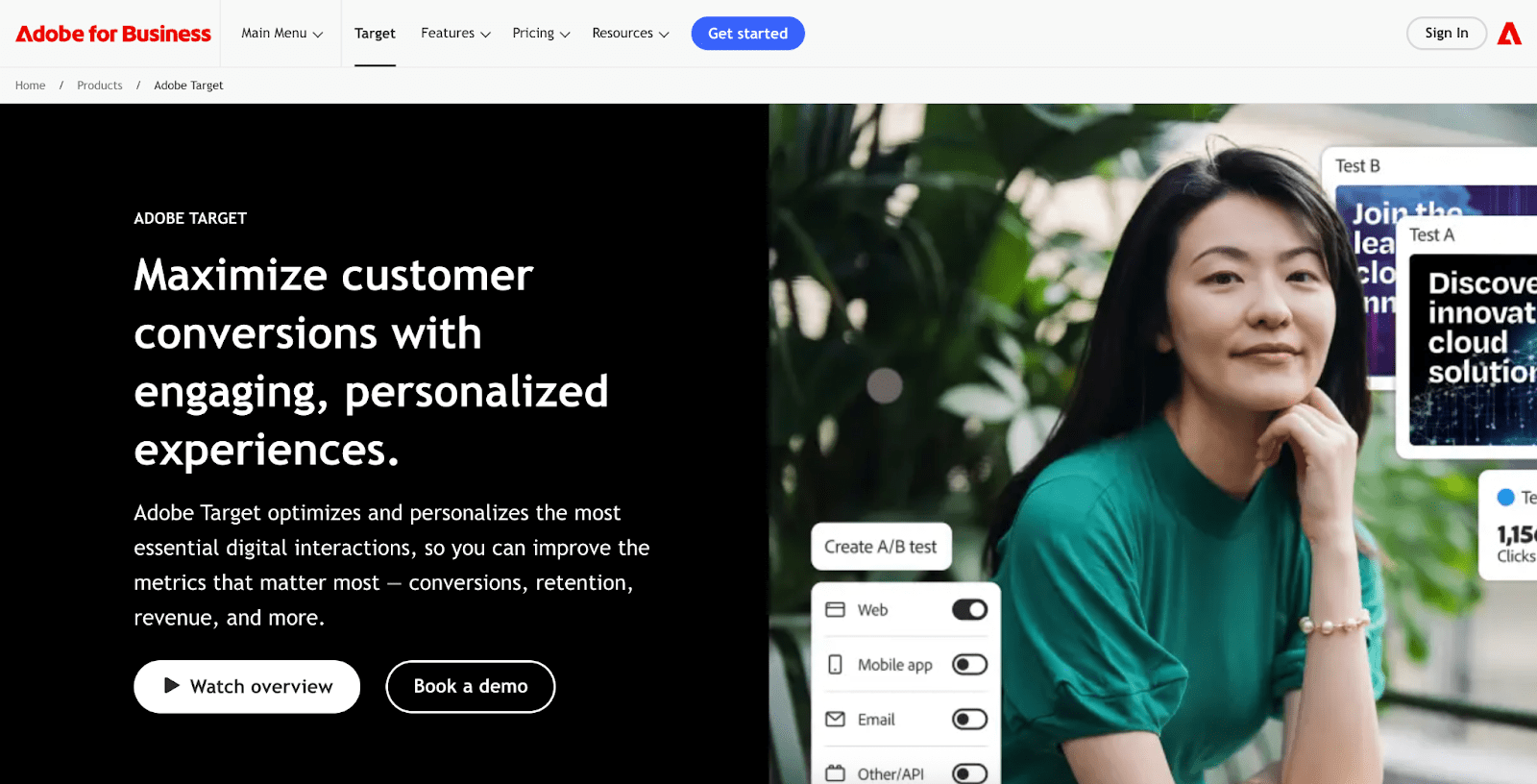 Top 20 Free and Paid Website Testing Tools – Reviewed and Compared 25 Adobe Target website with headline "Maximize customer conversions with engaging, personalized experiences.", CTA buttons, and UX research tool previews.