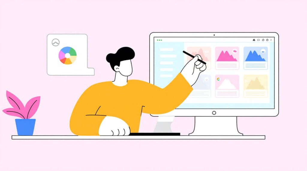 A solo UI designer seated using a touch pen to arrange interface elements on a large monitor screen