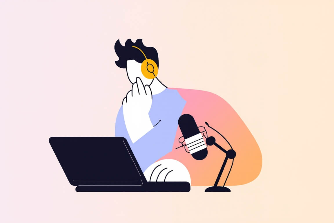 : A podcaster with headphones and microphone is representing the top UX research podcasts for UX professionals.